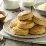 A plate of golden brown butter biscuits on a rustic wooden table with baking ingredients in the background.