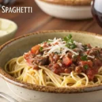 A bowl of CROCKPOT SPAGHETTI topped with grated Parmesan cheese and herbs.