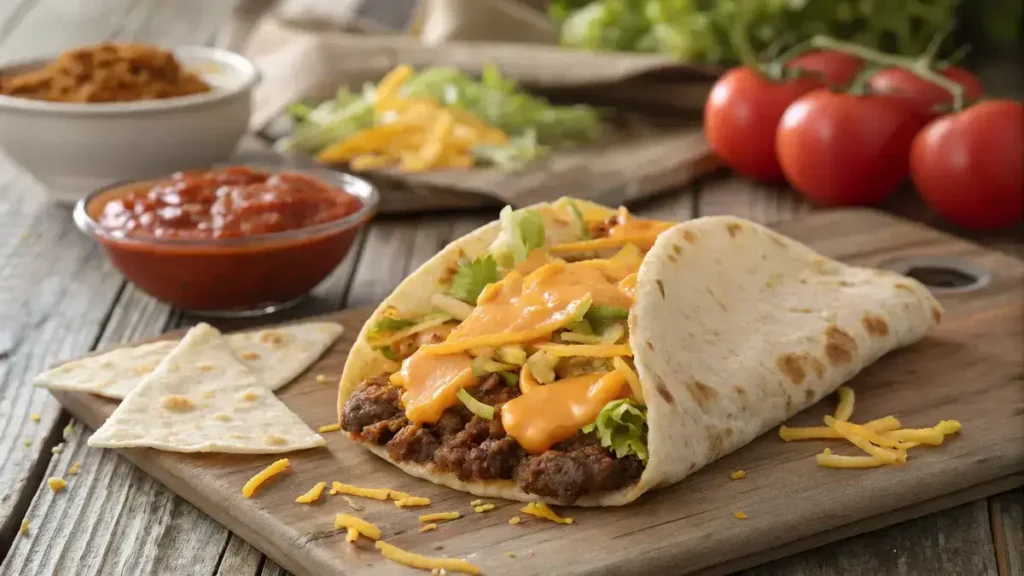 Cheesy gordita crunch with seasoned beef and toppings on a wooden table.