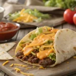 Cheesy gordita crunch with seasoned beef and toppings on a wooden table.
