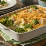 A golden brown chicken broccoli rice casserole topped with cheddar cheese and breadcrumbs, served in a baking dish.