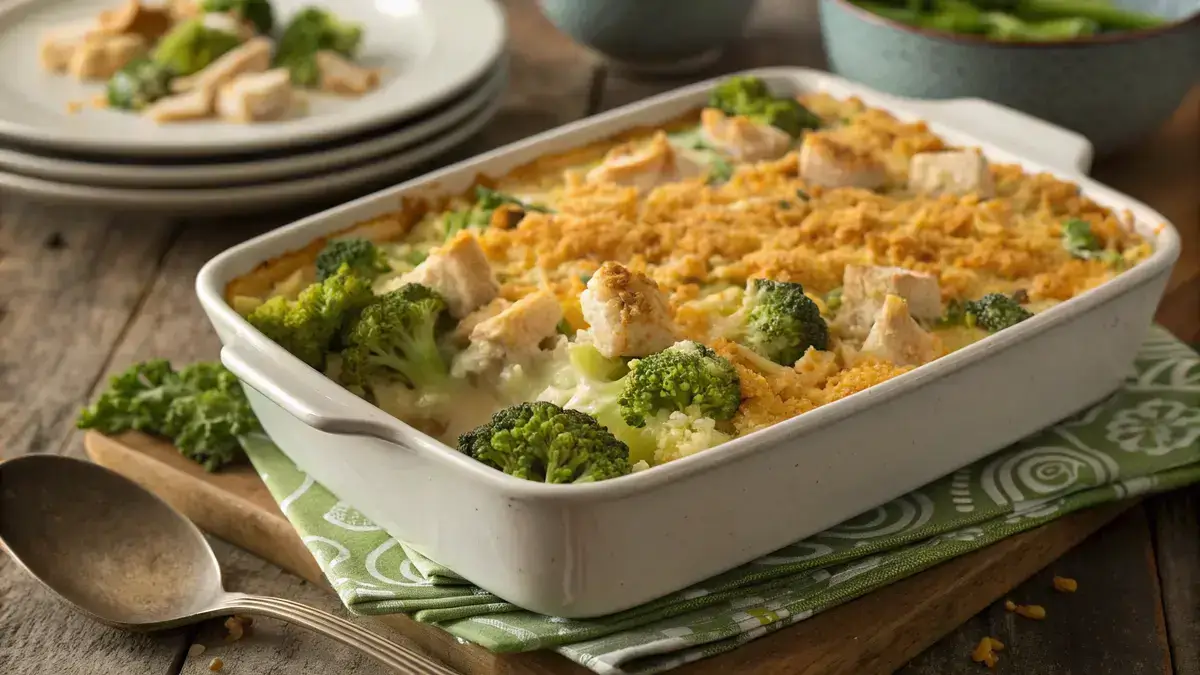 A golden brown chicken broccoli rice casserole topped with cheddar cheese and breadcrumbs, served in a baking dish.