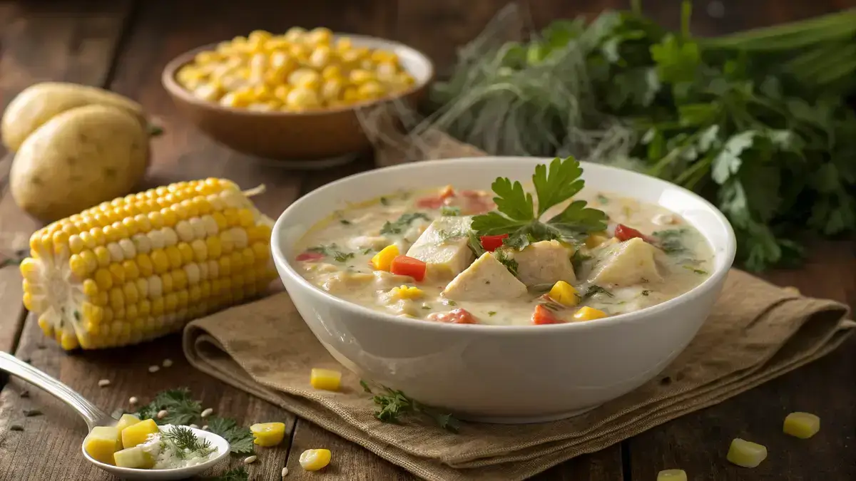 A bowl of chicken corn chowder garnished with parsley on a wooden table.