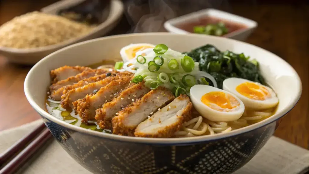 A bowl of Chicken Katsu Ramen with crispy chicken, noodles, and garnishes.
