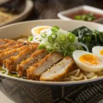 A bowl of Chicken Katsu Ramen with crispy chicken, noodles, and garnishes.
