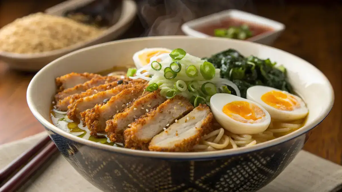 A bowl of Chicken Katsu Ramen with crispy chicken, noodles, and garnishes.