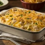 Golden brown chicken noodle casserole topped with melted cheddar cheese, served in a baking dish.