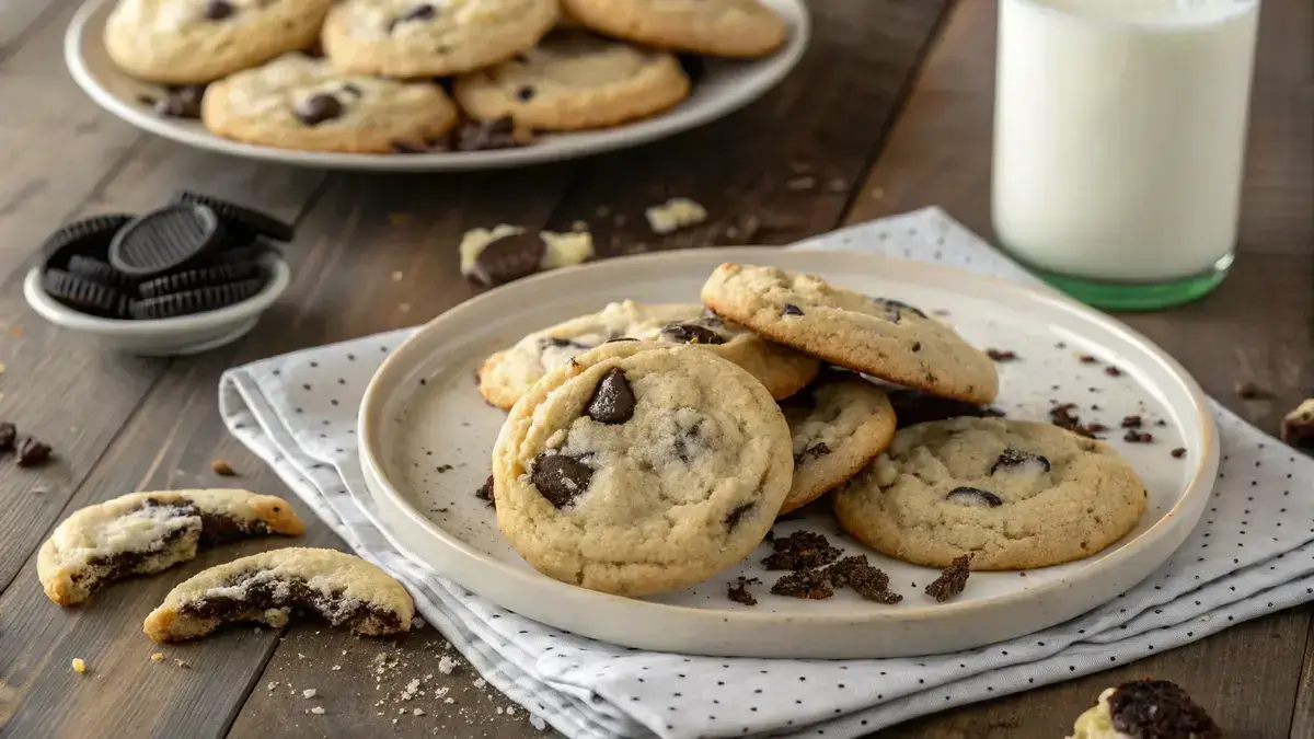 Plate of cookies and cream cookies with a glass of milk in the background.