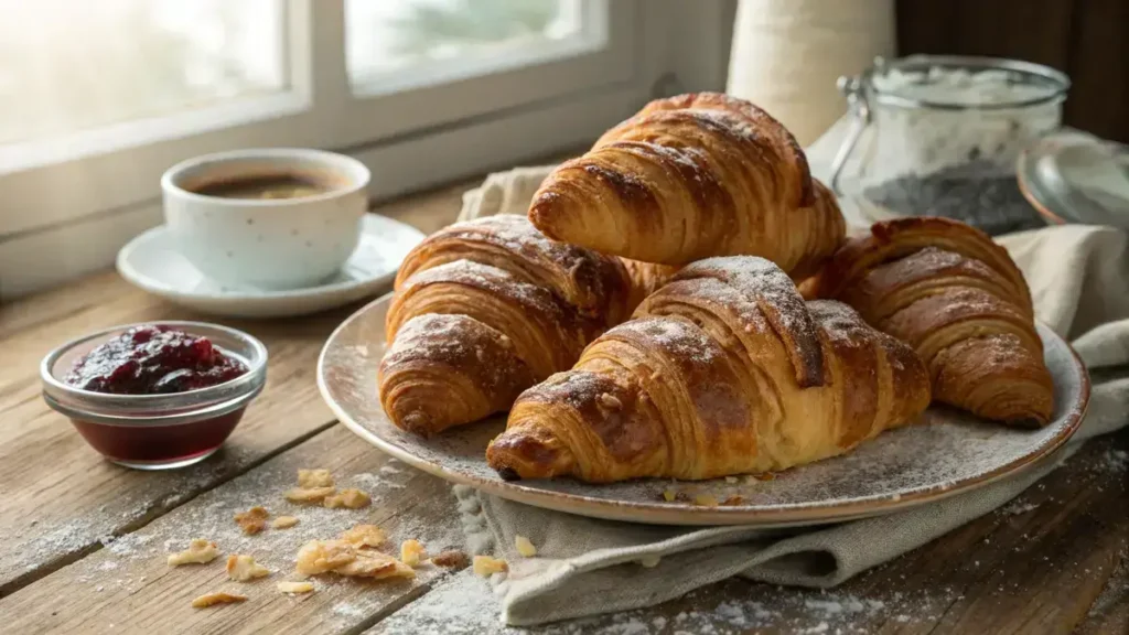 Freshly baked croissant bread on a rustic wooden table with jam and coffee.