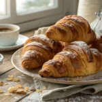 Freshly baked croissant bread on a rustic wooden table with jam and coffee.