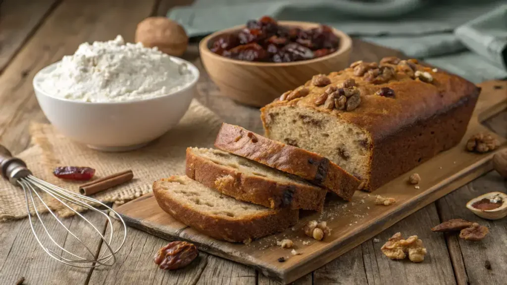 Sliced date nut bread showcasing its moist texture and chunks of dates and walnuts.