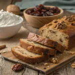 Sliced date nut bread showcasing its moist texture and chunks of dates and walnuts.