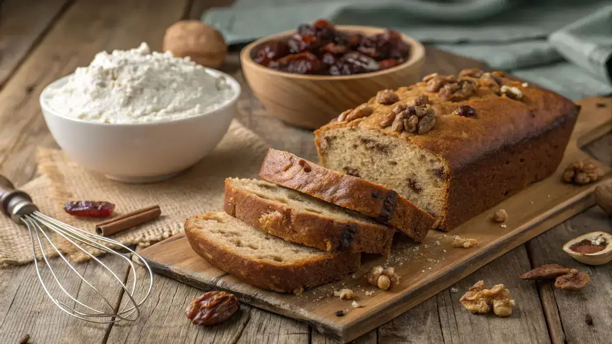 Sliced date nut bread showcasing its moist texture and chunks of dates and walnuts.