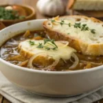 A bowl of French onion soup with melted cheese and baguette on a wooden table.