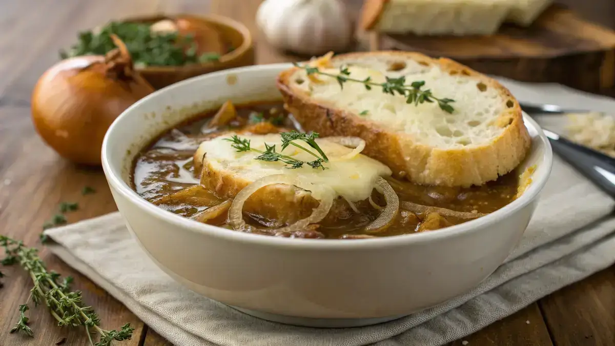 A bowl of French onion soup with melted cheese and baguette on a wooden table.