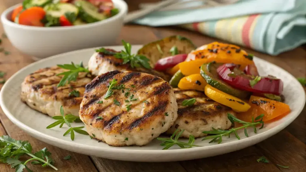 Grilled chicken patties served on a plate with fresh herbs and grilled vegetables.