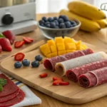 Homemade fruit roll ups displayed on a wooden board with fresh fruits around.