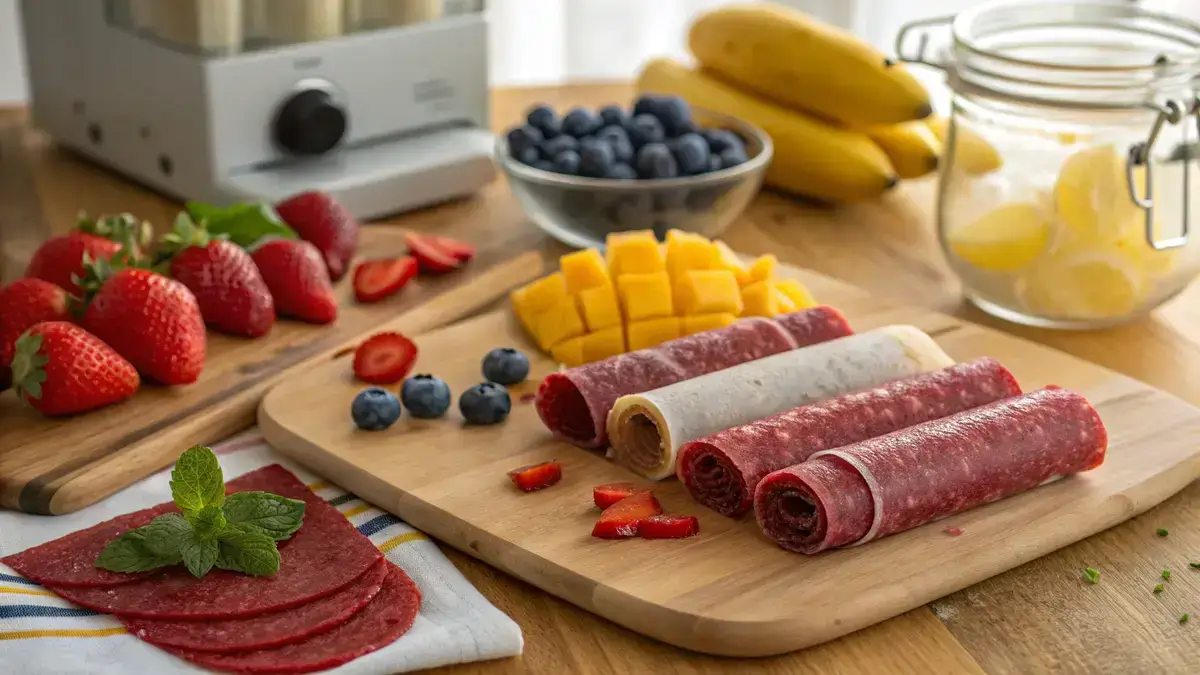 Homemade fruit roll ups displayed on a wooden board with fresh fruits around.