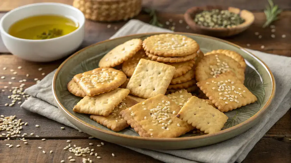 A plate of golden sesame crackers with a sprinkle of sesame seeds on a rustic wooden table.