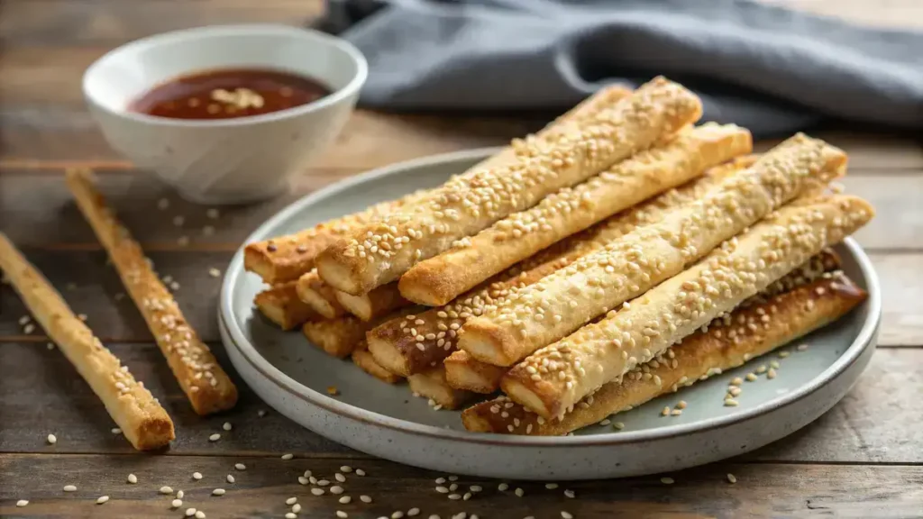 Plate of golden brown sesame seed sticks with a bowl of dipping sauce.