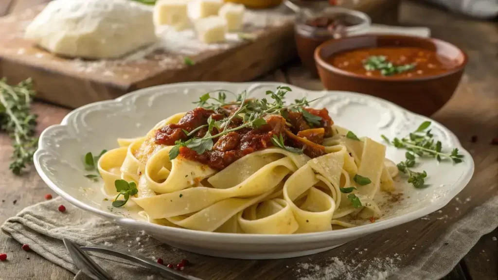 Plate of wide egg noodles with herbs and sauce on a wooden table.