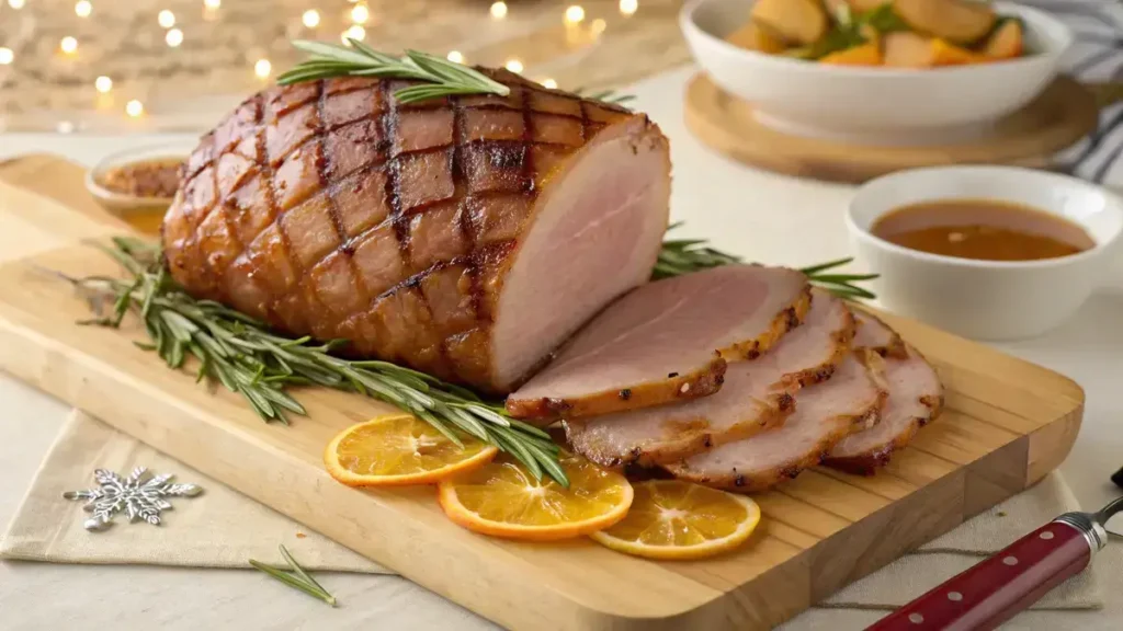A delicious honey baked ham with a caramelized glaze, garnished with herbs and orange slices.