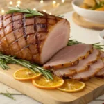 A delicious honey baked ham with a caramelized glaze, garnished with herbs and orange slices.