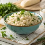 Bowl of fluffy jasmine brown rice with herbs and cooking ingredients on a wooden table.
