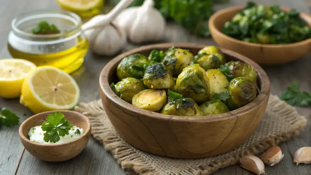 A bowl of marinated brussel sprouts garnished with parsley and surrounded by fresh ingredients.