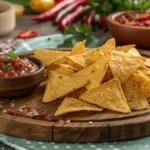 A platter of golden Mexican spicy chips with a bowl of salsa, garnished with spices.