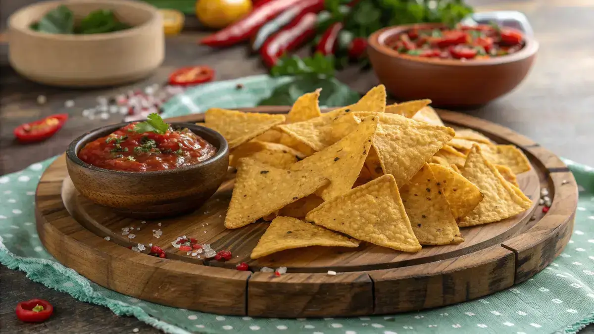 A platter of golden Mexican spicy chips with a bowl of salsa, garnished with spices.