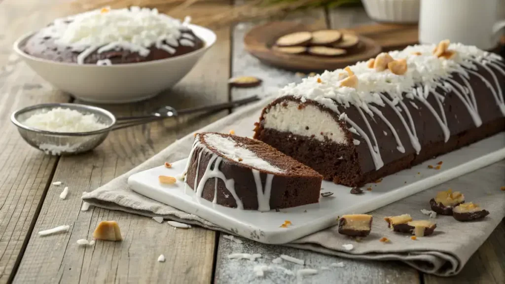 A slice of Mounds Bar Cake with chocolate and coconut toppings on a wooden table.