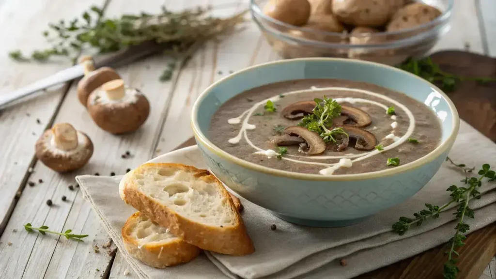 A bowl of creamy mushroom bisque garnished with herbs and served with bread.