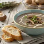 A bowl of creamy mushroom bisque garnished with herbs and served with bread.