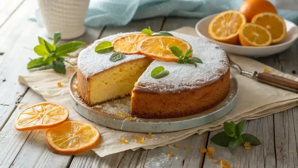 A freshly baked orange juice cake with powdered sugar and orange slices on a wooden table.