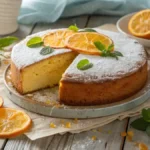 A freshly baked orange juice cake with powdered sugar and orange slices on a wooden table.