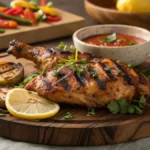Grilled peri peri chicken on a wooden platter with herbs and lemon wedges.