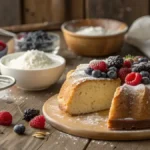 A freshly baked sugar free cake topped with berries on a wooden table.