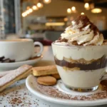 A steaming cup of tiramisu coffee with a creamy mascarpone layer and cocoa dusting, garnished with ladyfinger crumbs.