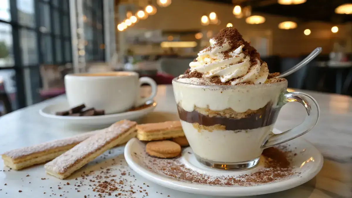 A steaming cup of tiramisu coffee with a creamy mascarpone layer and cocoa dusting, garnished with ladyfinger crumbs.