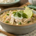 Bowl of white chicken chili crockpot with shredded chicken and cilantro garnish.