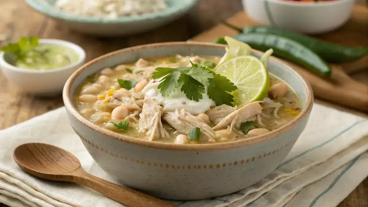Bowl of white chicken chili crockpot with shredded chicken and cilantro garnish.