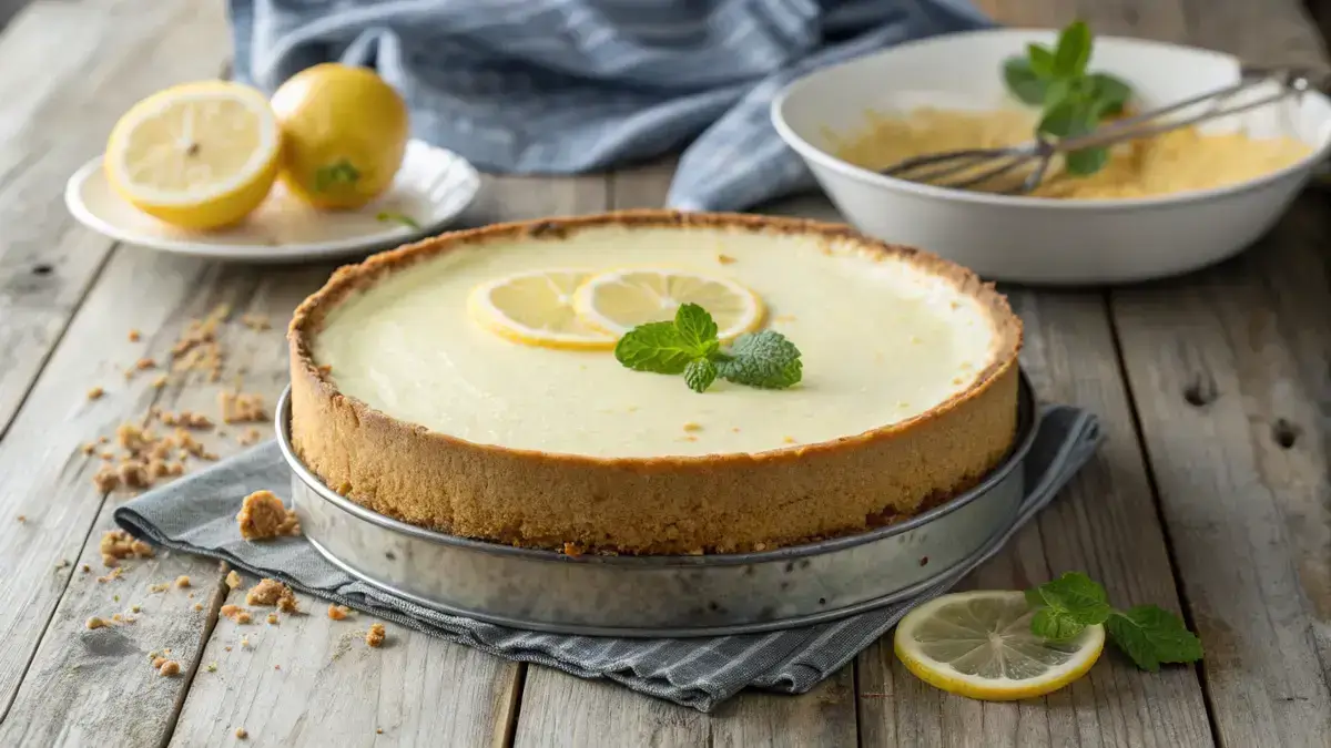 A delicious Woolworth cheesecake with a golden crust and creamy filling, garnished with lemon slices and mint.