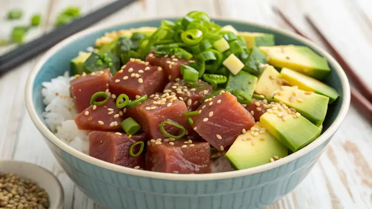 A colorful bowl of Yellowfin Poke with tuna, avocado, and cucumber on rice.