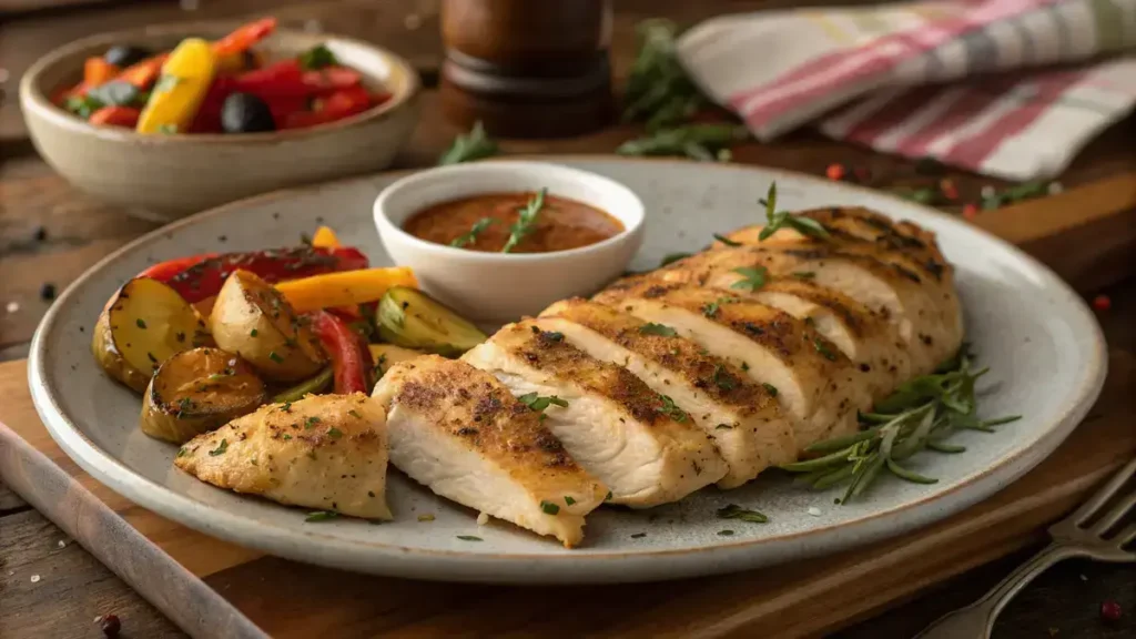 Plate of seasoned chicken tenderloin with roasted vegetables and dipping sauce.