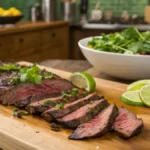 Grilled skirt steak sliced and garnished with cilantro and lime on a wooden cutting board.