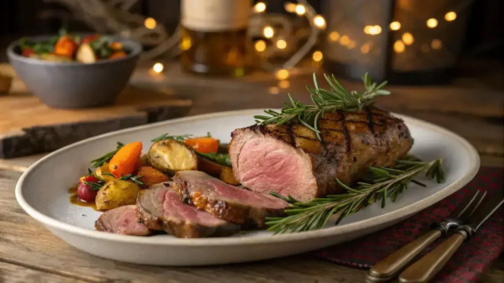 A succulent lamb tenderloin garnished with herbs and served with roasted vegetables.