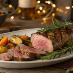 A succulent lamb tenderloin garnished with herbs and served with roasted vegetables.