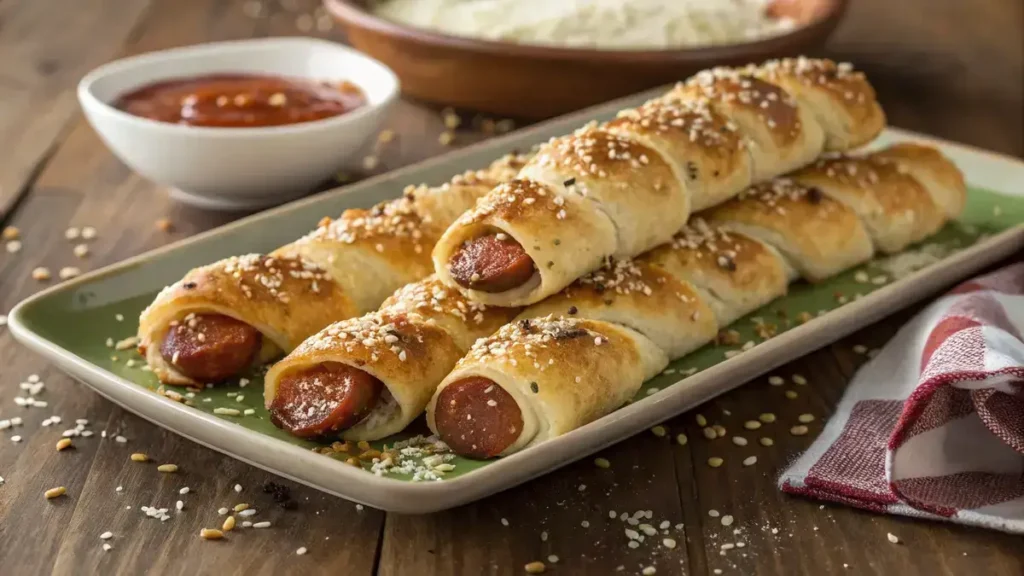 A plate of golden brown salami sticks garnished with sesame seeds and cheese.