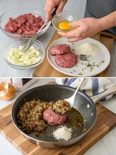 Step-by-step preparation of elk burger ingredients and cooking process.